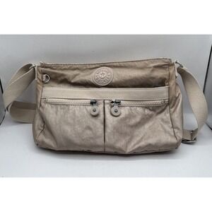 Kipling Angie Taupe Gold Nylon Crossbody Purse Bag
